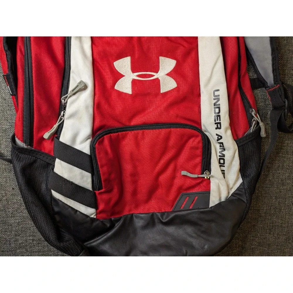 Under Armour Storm Heat Gear Team Hustle Backpack Red Big Logo School Book Bag